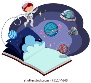 Book with astronaut in space illustration
