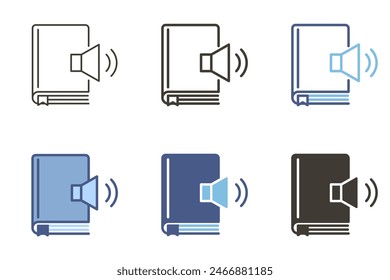 Book with audio speaker icon. Online audiobook digital listening and learning vector graphic elements