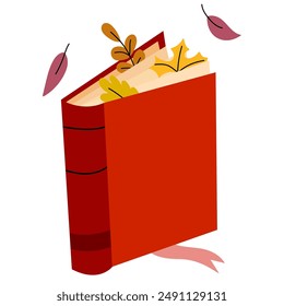 Book with autumn leaves. Reading element for bookshop, library, bookstore or education.