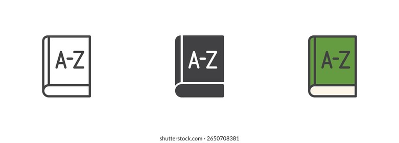 Book with A-Z letters icon set. Line, solid and colorful filled outline styles. Alphabet dictionary, language learning and vocabulary book vector icon.