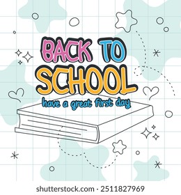 Book and back to school message with stars and grid Vector