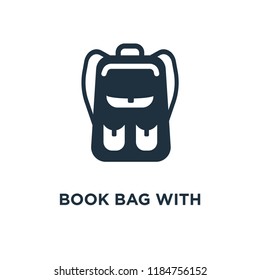 Book Bag with Pockets icon. Black filled vector illustration. Book Bag with Pockets symbol on white background. Can be used in web and mobile.