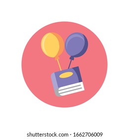 libro con icono de globos sobre fondo blanco, estilo de bloque colorido, ilustración vectorial