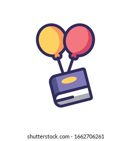 libro con icono de globos sobre fondo blanco, línea colorida y estilo de relleno, ilustración vectorial