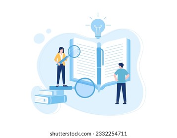 Book with ballpoint pen and magnifying glass trending concept flat illustration