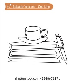 Book and ballpoint premium icon. One continuous line drawing of pile of books and pen on desk and cup of coffee or tea. Vector illustration of cup of coffee on pile of books and ballpoint pen on right