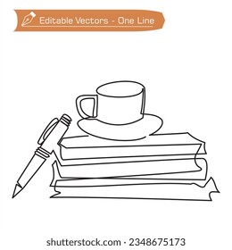 Icono de la prima del libro y del balancín. Una línea continua de un montón de libros y bolígrafo sobre el escritorio y una taza de café o té. Ilustración vectorial de una taza de café sobre un montón de libros y un punto de baile en el lado izquierdo