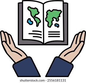 A book is being held open by two hands, with the pages showing a map of the world. Concept of curiosity and exploration, as if the book is a gateway to discovering new places and cultures