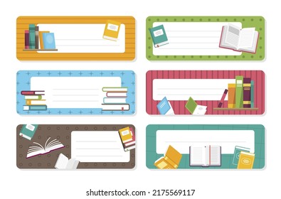 Book belong to template blank with place for text set vector illustration. Educational textbook printable sticker owner name for cover memo message with stack of literature dictionary encyclopedia