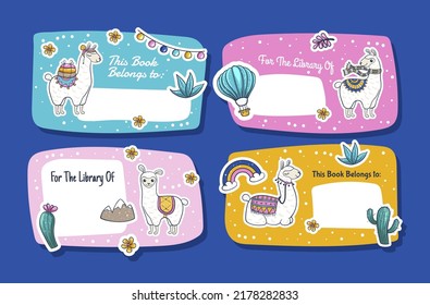 Book belongs to childish library education sticker lama cartoon character set blank vector illustration. Textbook cover badge owner information kids name surname border. School supplies template