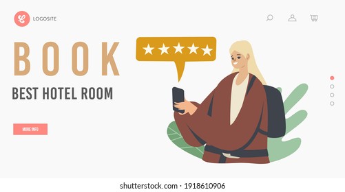 Book Best Hotel Room Landing Page Template. Female Character Use Travel Application Technology. Woman Traveler Use Mobile Phone App to Search Luxury Accommodation. Cartoon People Vector Illustration