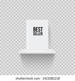 Book with Bestseller word on bookshelf realistic vector illustration. Rack mockup front view. 3D shelf with book on transparent background. Office, interior, bookstore showcase isolated design element