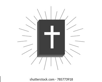 Book of the bible, black silhouette of a book with a cross on a white background and rays. Vector Illusion