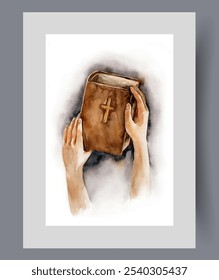 Libro de la Biblia en manos de creyentes que estudian el evangelio y las oraciones impresas. Cartel de acuarela. Obra de arte con la biblia con crucifijo cristiano de la enseñanza católica u ortodoxa, en marco con decoración para el arte de la pared