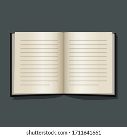 Book or bible textbook vector open pages clipart old retro vintage realistic object isolated on dark background, notepad or notebook