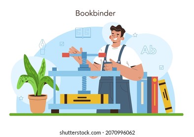 Book binding. Printing house technology, printed publications stapling. Handcraft or modern binder machine manufacturing. Flat vector illustration