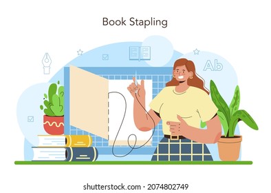 Book binding. Printing house technology, printed publications stapling. Handcraft or modern binder machine manufacturing. Flat vector illustration