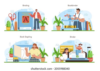 Book binding set. Printing house technology, printed publications stapling. Handcraft or modern binder machine manufacturing. Flat vector illustration