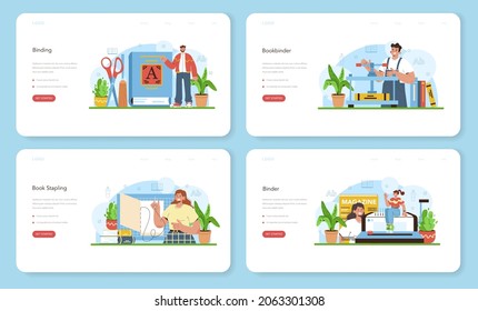 Book binding web banner or landing page set. Printing house technology, printed publications stapling. Handcraft or modern binder machine manufacturing. Flat vector illustration