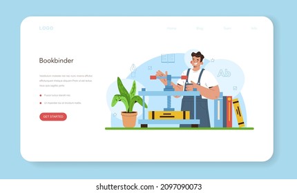 Book binding web banner or landing page. Printing house technology, printed publications stapling. Handcraft or modern binder machine manufacturing. Flat vector illustration