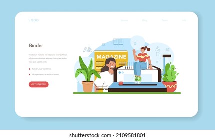 Book binding web banner or landing page. Printing house technology, printed publications stapling. Handcraft or modern binder machine manufacturing. Flat vector illustration