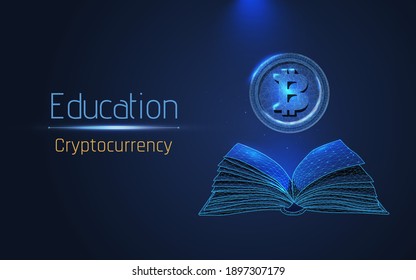 book and bitcoin learning cryptocurrencies. Bitcoin is a modern digital exchange payment, educational certificate of a program abroad. Modern electronic money, wireframe, plexus, point, vector , eps10