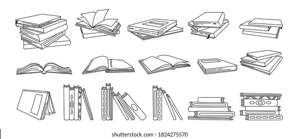 Juego de caricaturas de la línea negra del libro. Libros de texto en blanco dibujados a mano, retrocesos, páginas de esquema para la biblioteca. Leer, aprender y recibir educación a través de la colección de libros. Ilustración del vector sobre fondo blanco