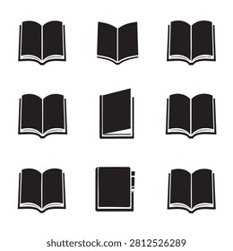 book black vector icon set with open and closed pages in bold silhouette