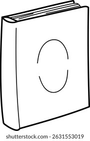 A book with a blank cover and an oval outline, drawn in a clean line style. The illustration depicts a closed book with a simple oval on its front. Cartoon vector illustration.