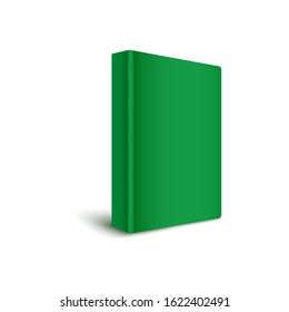Book blank hard cover standing vertically in green color 3d realistic vector mockup illustration on white background. Empty book template to represent cover design.