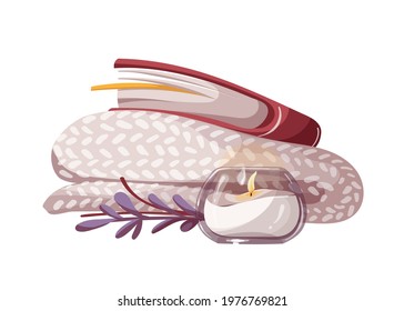 Book, blanket and candle. Bookstore, bookshop, library, book lover, bibliophile, education concept. Isolated vector illustration for poster, banner, advertising.