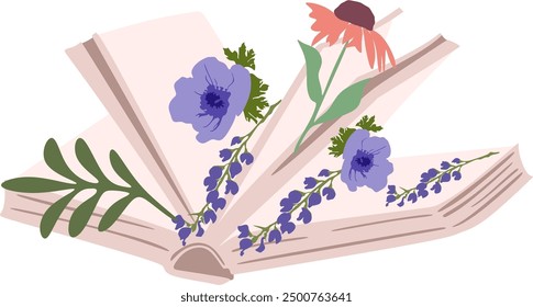  Libro con flores silvestres en flor, hojas, objetos de dibujos animados. Poder de la imaginación del lector, líneas aisladas, Elementos de Vector. Dibujado a mano