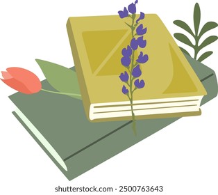  Libro con flores silvestres en flor, hojas, objetos de dibujos animados. Poder de la imaginación del lector, líneas aisladas, Elementos de Vector. Dibujado a mano