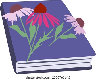  Book with blooming wild flower,leaves,cartoon objects.Power of reader's imagination,isolated lines,vector elements. Hand drawn
