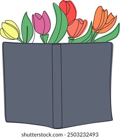  Book with blooming wild flower,leaves,cartoon objects.Power of reader's imagination,isolated lines,vector elements. Hand drawn