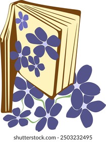  Book with blooming wild flower,leaves,cartoon objects.Power of reader's imagination,isolated lines,vector elements. Hand drawn