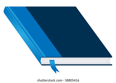 Book. Blue and closed with a bookmark isolated on a white background. Ample space to add copy text on the cover. Raster also available.