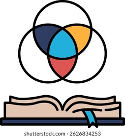 A book with a blue ribbon is open to a page with a diagram of a triangle. The diagram is surrounded by a circle and another circle