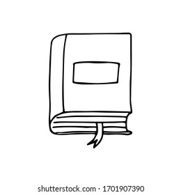 Buchen Sie mit Lesezeichen zwischen Seiten. Weltbuchtag. Schwarz-Weiß-Illustration. Lesen, studieren, Wissenschaft. Vektorillustration im Doodle-Stil