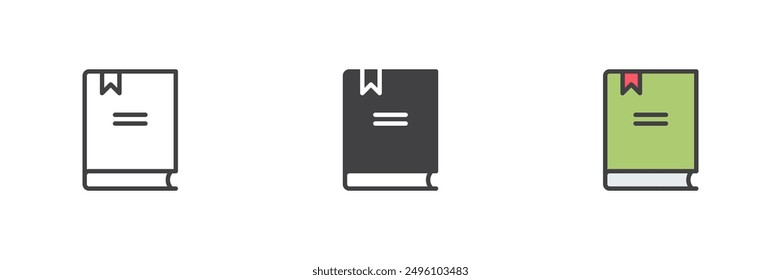 Libro con marcador diferente estilo icono conjunto. Línea, glifo y contorno relleno versión colorida, contorno y signo de Vector relleno. Símbolo del organizador del cuaderno, ilustración del logotipo. Gráficos de Vector