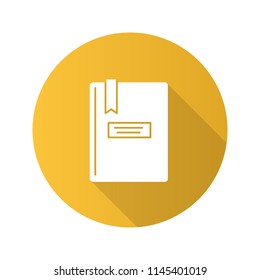 Book with bookmark flat design long shadow glyph icon. Taking notes. Notepad. Copybook. Vector silhouette illustration