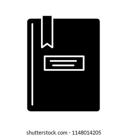 Book with bookmark glyph icon. Taking notes. Notepad. Copybook. Silhouette symbol. Negative space. Vector isolated illustration