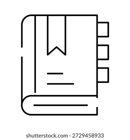 Book with a bookmark and index tabs on its spine, symbolizing education, knowledge, learning, wisdom, and data management in a simplistic line art icon style
