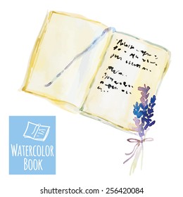 Book with bookmark and lavender flowers. Watercolor memories.