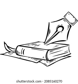 A book with a bookmark lies on a sheet and above it is the tip of an ink pen sketch vector illustration