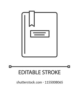 Book with bookmark linear icon. Thin line illustration. Taking notes. Notepad. Copybook. Contour symbol. Vector isolated outline drawing. Editable stroke