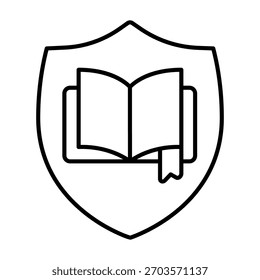 Livro com marcador no ícone de linha fina escudo, conceito do festival do livro. Gráficos vetoriais. Livro de texto com emblema de segurança, sinal seguro no fundo branco, ícone de estilo de contorno para design móvel ou web
