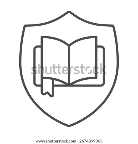 Book with bookmark on shield thin line icon, book festival concept. Vector graphics. Textbook with safety emblem, secure sign on white background, outline style icon for mobile or web design