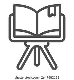Livro com marcador no ícone da linha de suporte do tripé, conceito do festival do livro. Gráficos vetoriais. Apresentação de livro didático, sinal de promoção no fundo branco, ícone de estilo de estrutura de tópicos para design móvel ou web