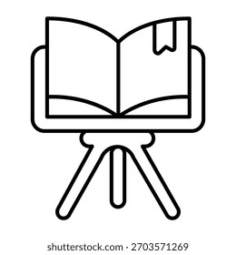 Livro com marcador no tripé ícone da linha fina, conceito do festival do livro. Gráficos vetoriais. Apresentação de livro didático, sinal de promoção no fundo branco, ícone de estilo de estrutura de tópicos para design móvel ou web